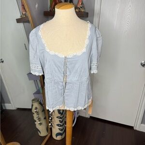 Reformation Blue Striped Lace Trim Blouse